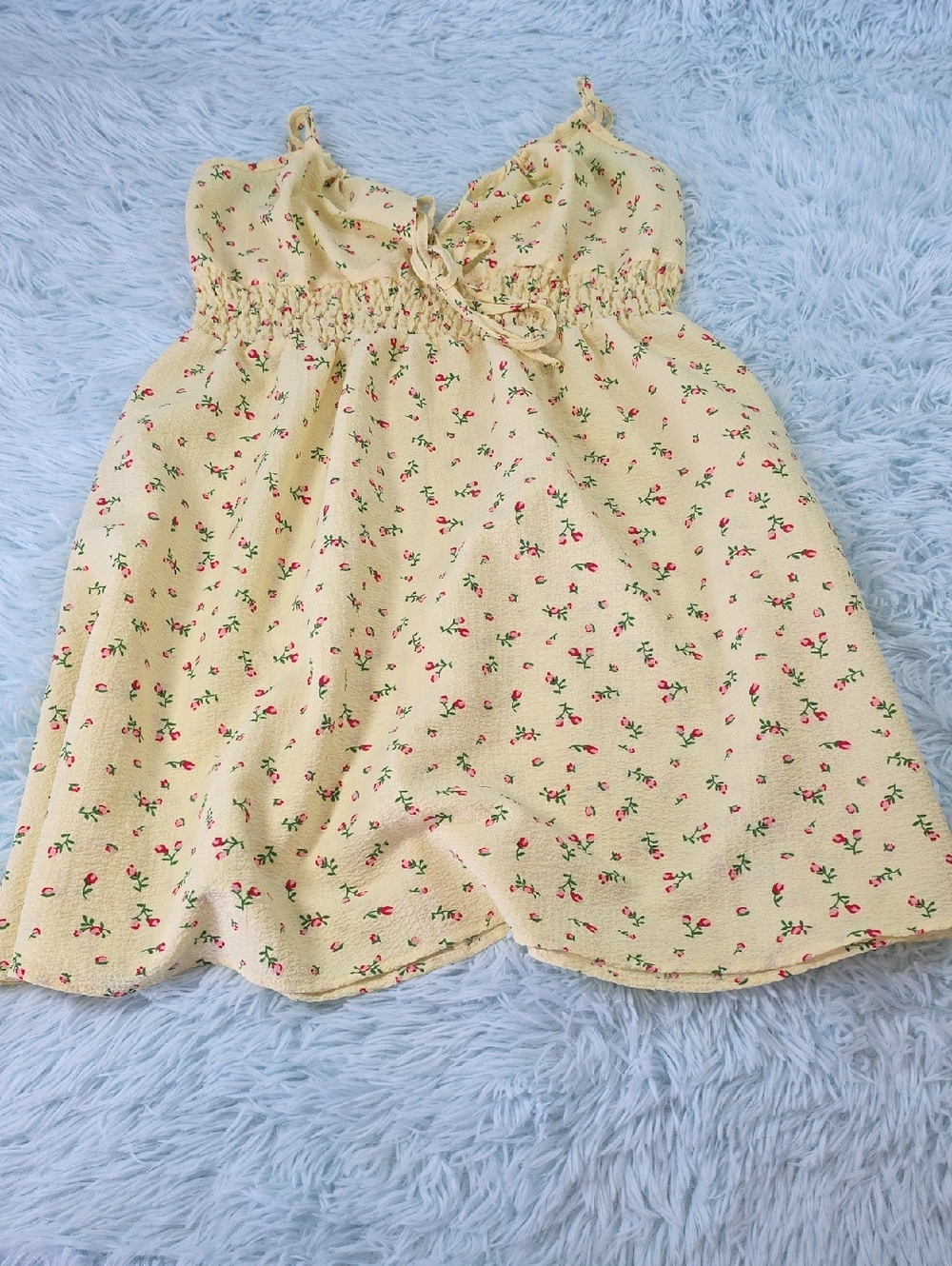 Yellow Ditsy Floral Babydoll Mini Dress cottagecore‎ summer coquette Size L